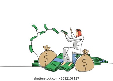 Una sola línea continua dibuja a un hombre árabe sentado en una pila de billetes y lanza billetes. El trabajo inteligente vale la pena. Máximo beneficio. Ricos. Sé un día millonario. Ilustración vectorial de diseño de una línea