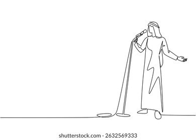 Single continuous line drawing Arabian man singing while holding a standing mic and posing. Final sound check before performing at a concert. National Sing Out Day. One line design vector illustration