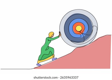 Single continuous line drawing Arabian businesswoman push up big target to mountain. Woman pushing giant target upwards. Goal too big can be difficult. One line draw graphic design vector illustration