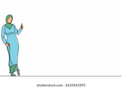 Single continuous line drawing Arabian businesswoman dressed in hijab wear showing thumbs up sign and leaning against the wall. Deal, like, agree, approve, accept. One line draw graphic design vector