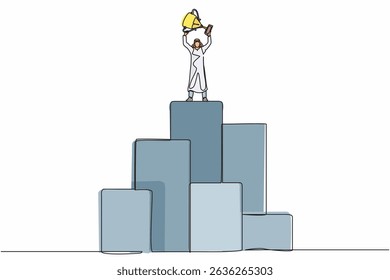 Single continuous line drawing Arabian businessman standing on big graphic bar and lifting trophy. Winner pose. Success, goal, achievement and concept. One line draw graphic design vector illustration