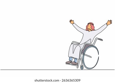 Single continuous line drawing Arabian man sitting in wheelchair, raising hands in happiness, rehabilitation concept. Happy young man in wheelchair. One line draw graphic design vector illustration