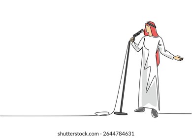 Uma linha contínua desenhando um homem árabe cantando enquanto segurava um microfone em pé e posando. Verificação de som final antes de se apresentar em um concerto. Dia Nacional da Canção. Ilustração de vetor de design de uma linha