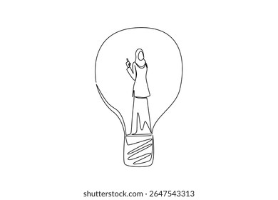 Single continuous line drawing Arabian woman with gestures got an idea inside a lightbulb. Stand confidently with a brilliant idea. Smart. National Creativity Day. One line design vector illustration