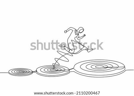 Single continuous line drawing Arabian businesswoman jumping on bigger target, successfully. Advancement in career or business growth concept. Aspiration and motivation. One line graphic design vector