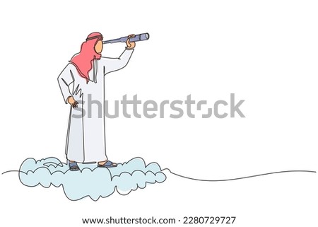 Single continuous line drawing Arabian businessman riding high cloud holding telescope or binocular to search for business visionary. Leadership vision to see company strategy. One line design vector