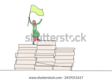 Single continuous line drawing of Arabian businesswoman standing on piles of paper document raising flag. Create business plan with lots of data. Winner even though there is a lot of work. One line