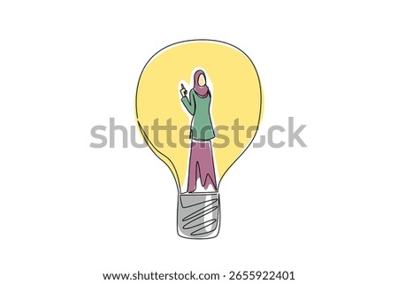 Single continuous line drawing Arabian woman with gestures got an idea inside a lightbulb. Stand confidently with a brilliant idea. Smart. National Creativity Day. One line design vector illustration