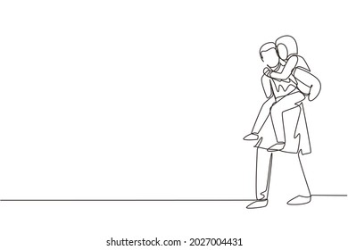 Single continuous line drawing Arabic man carry his girlfriend on his back. Happy romantic couple in love. Relationship concept in always supporting and helping in any situation. One line draw graphic