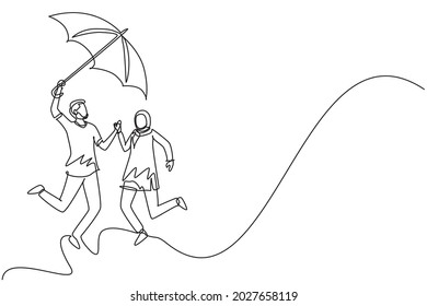 Single continuous line drawing Arabic couple in love walking under rain with umbrella. Man and woman walking along city street and jumping. Married couple romantic relationship. One line draw graphic