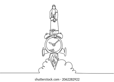 Single continuous line drawing Arabic businesswoman riding alarm clock rocket ship with fire, clouds. Time, watch, limited offer, deadline. Time to work. Countdown shuttle. One line draw design vector