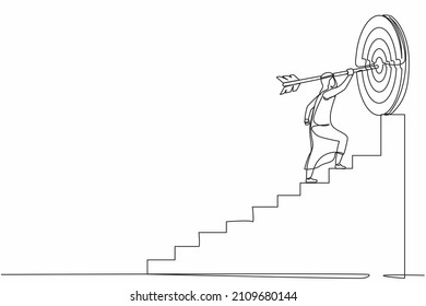 Single continuous line drawing Arabic businessman with arrow is running towards his goal, path to achieving goal is high, through stairs, steps of achievement. One line draw design vector illustration