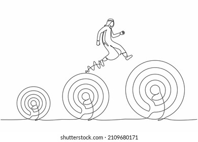 Single continuous line drawing Arabic businessman jumping up higher target career goals. Business next target. Planning, successful. Business metaphor. One line draw graphic design vector illustration