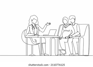 Single continuous line drawing Arabic pregnant woman visits doctor. Happy couple people on medical examination in hospital, talking with physician. Pregnancy healthcare. One line graphic design vector