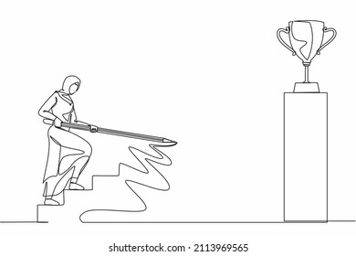 Single continuous line drawing Arabic businesswoman use huge pencil to draw rising up stairs, walk climbing up ladder, and try to reach trophy cup. Business development. One line graphic design vector