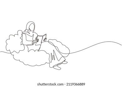 Single continuous line drawing Arabic woman sitting on cloud reading book. Businesswoman. Teacher. Marketer. Director. Chief. Financier. Higher education. Career growth. One line graphic design vector