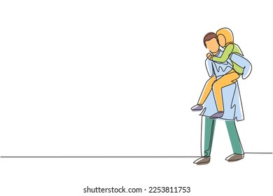 Single continuous line drawing Arabic man carry his girlfriend on his back. Happy romantic couple in love. Relationship concept in always supporting and helping in any situation. One line draw graphic
