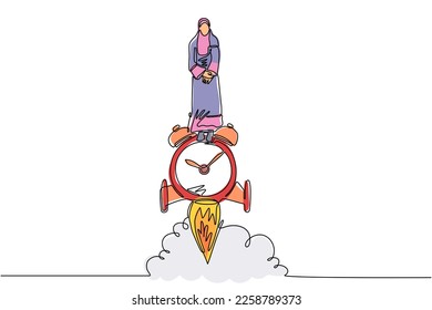 Single continuous line drawing Arabic businesswoman riding alarm clock rocket ship with fire, clouds. Time, watch, limited offer, deadline. Time to work. Countdown shuttle. One line draw design vector