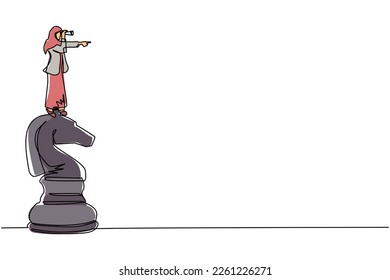 Single continuous line drawing Arabic businesswoman on top of big horse chess piece using telescope looking for success, opportunities, future business trends. One line draw design vector illustration