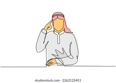 Single continuous line drawing Arabic man touching his temples and remembering something. Male holding finger on head, feeling tired exhausted, chronic work stress. One line draw graphic design vector