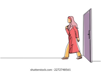 Single continuous line drawing Arabic businesswoman walking and leaving closed door. New business ventures. Entering new market. Career growth concept. One line draw graphic design vector illustration