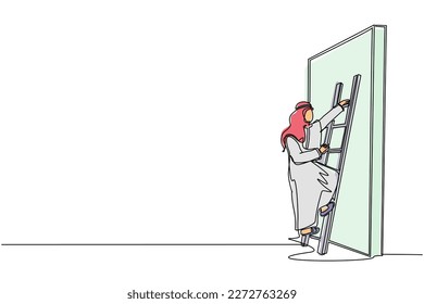 Single continuous line drawing Arabic businessman climbing up the wall with ladder. Business obstacle metaphor. Symbol for career growth, finding creative solution. One line draw graphic design vector