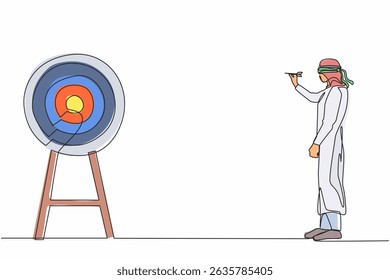 Um único homem de negócios árabe de desenho de linha contínua usando venda e alvo de dardos de sucesso. Confuso homem de negócios de venda com ponto de interrogação tentando acertar o alvo com dardo. Vetor de design gráfico de uma linha