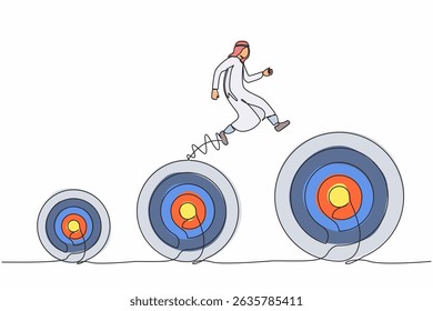 Single continuous line drawing Arabic businessman jumping up higher target career goals. Business next target. Planning, successful. Business metaphor. One line draw graphic design vector illustration