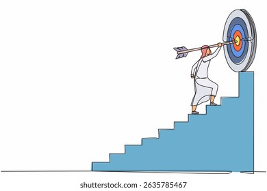 Uma única linha contínua desenhando um empresário árabe com seta está correndo em direção a seu objetivo, o caminho para alcançar o objetivo é alto, através de escadas, passos de realização. Ilustração de vetor de design com desenho de uma linha