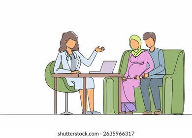 Single continuous line drawing Arabic pregnant woman visits doctor. Happy couple people on medical examination in hospital, talking with physician. Pregnancy healthcare. One line graphic design vector