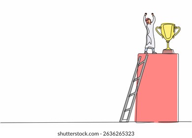Single continuous line drawing Arabic businessman climb ladder to reach trophy and standing with arms lifted in the air. Man celebrating his business award. One line graphic design vector illustration