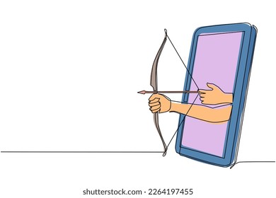 Single continuous line drawing archer hand holds arrow and bow through mobile phone. Smartphone with archery games app. Mobile sports stream championship. Dynamic one line draw graphic design vector