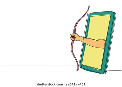 Single continuous line drawing archer hand holds archery through mobile phone. Smartphone with archery games app. Mobile sports stream championship. One line draw graphic design vector illustration