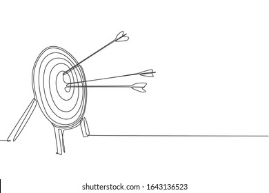 Single continuous line drawing of archery target pad was shot with arrows. Archery sport exercise with target board concept. Trendy one line draw design vector illustration graphic