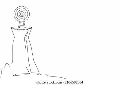 Single continuous line drawing archery target ring with arrows hitting bullseye on cliff. Dartboard on tripod. Goal achieving concept. Business success strategy symbol. One line graphic design vector