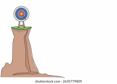 Single continuous line drawing archery target ring with arrows hitting bullseye on cliff. Dartboard on tripod. Goal achieving concept. Business success strategy symbol. One line graphic design vector