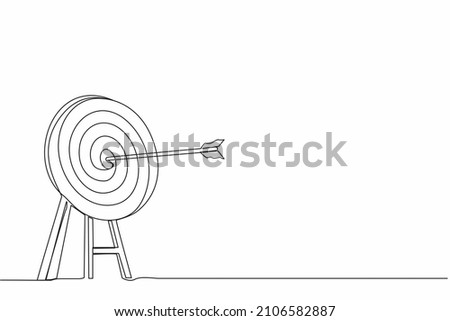 Single continuous line drawing archery target ring with arrows hitting bullseye. Dartboard on tripod. Goal achieving. Business success strategy symbol. One line draw graphic design vector illustration