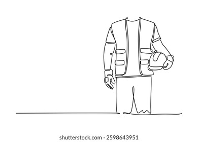 Single continuous line drawing architect engineer man hand holding safety hard hat at construction site. Worker helmet civil construction engineering. One line draw graphic design vector illustration