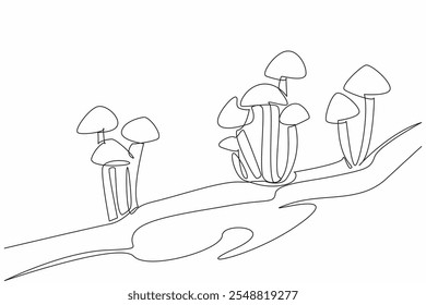 Single continuous line drawing armillaria mellea mushroom on moss. Also known as honey mushroom. Parasites that damage other plants. Toxic. Day of the Mushroom. One line design vector illustration