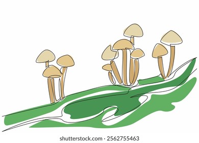 Single continuous line drawing armillaria mellea mushroom on moss. Also known as honey mushroom. Parasites that damage other plants. Toxic. Day of the Mushroom. One line design vector illustration