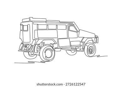 Vehículo blindado de respuesta policial de dibujo de línea continua única. Chasis reforzado, neumáticos altos y bastidor cuadrado diseñado para eventos tácticos de alto riesgo. Una línea dibuja la Ilustración vectorial del Diseño gráfico