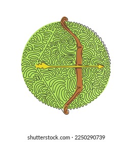 Dibujo de línea continua simple Flecha y arco de tiro con arco indio. Guerrero nativo del arco largo o equipo de caza. Arma tribal de madera. Estilo de fondo del círculo de redondeo giratorio. Gráfico de dibujo dinámico de una línea