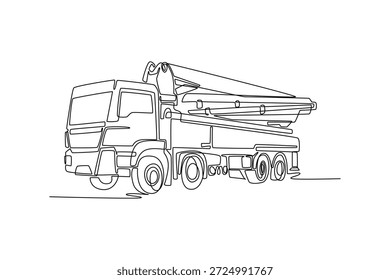 Einzelne durchgehende Linie Zeichnung Gelenkbetonpumpe LKW mit Ausleger verlängert, Strömung und Bewegung Beton Platzierung auf komplexen Baustelle. Grafisches Design, Vektorgrafik mit einer Linie