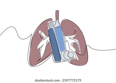 Single continuous line drawing asthma inhaler with lung background. Prevents coughing and shortness of breath. Overcoming sudden asthma attacks. World Asthma Day. One line design vector illustration