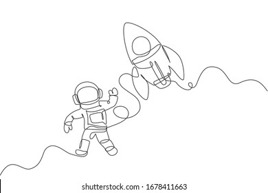 Single continuous line drawing of astronaut in spacesuit flying at outer space with rocket spacecraft. Science milky way astronomy concept. Trendy one line draw graphic design vector illustration