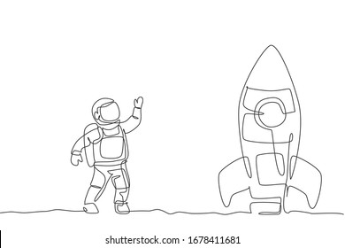 Single continuous line drawing of astronaut in spacesuit waving hand and saying good bye to the rocket spacecraft. Science milky way astronomy concept. Trendy one line draw design vector illustration