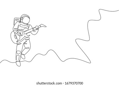 Single continuous line drawing of astronaut playing electric guitar musical instrument in cosmic galaxy. Outer space music concert concept. Trendy one line draw design graphic vector illustration