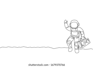 Single continuous line drawing of astronaut walking and holding retro radio with hand on moon surface. Outer space music concert concept. Trendy one line draw graphic design vector illustration