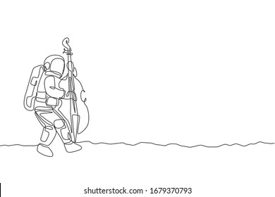 Dibujo de línea continua de violonchelista astronauta tocando instrumento musical cello en la superficie de la luna. Concepto de conciertos de música en el espacio ultraterrestre. Ilustración vectorial de diseño de tracción de una línea de moda