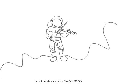 Single continuous line drawing of astronaut playing beauty violin musical instrument in cosmic galaxy. Outer space music concert concept. Trendy one line draw design vector illustration graphic